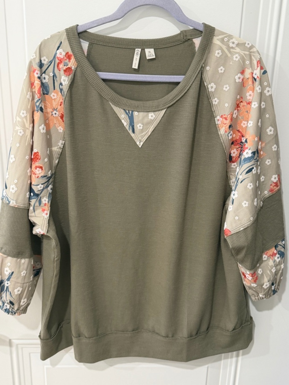 Cato Olive Green Shirt with Peach Floral Raglan Sleeves
